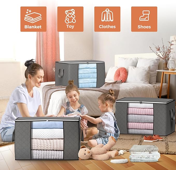 90L Large Storage Bags, 6 Pack Clothes Storage Bins Foldable Closet Organizers - Image 3