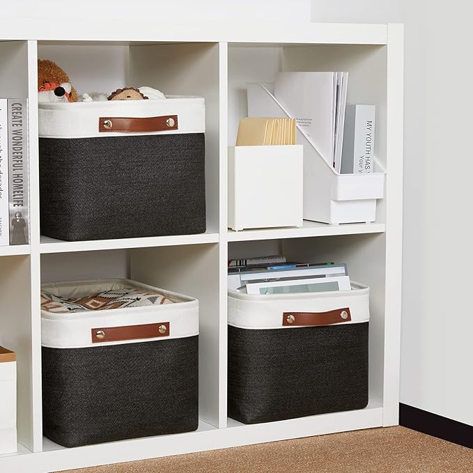 DULLEMELO Canvas Storage Bin with Handles, Fabric Bins for Shelves, Bedroom, Office,Nursery,Fabric Storage Baskets for Toys, Clothes,Gift(3-Pack Medium-15 inch X 11 inch X 9.5 inch , White&Black)-DeskLoop Office