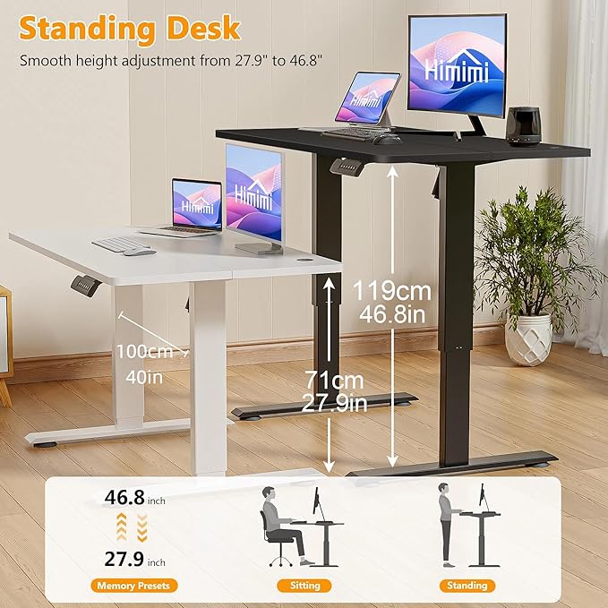Himimi Electric Standing Desk 55 x 24 inch for Home Office,Sit-Stand Adjustable Desk with Memory Presets,Height Adjustable Desk for Gaming/Working,Free Hook, Lockable Wheels,Mouse Pad,Black-DeskLoop Office