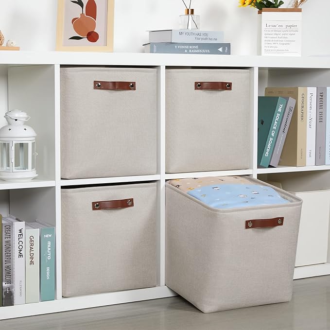 DULLEMELO Storage Bins, 4 Pack Of 13x13x13 Decorative Storage Cube Bins Suit Office, Home, Shelves And Closet, Cube Storage Bin with Leather handle(4 Pack - 13" Beige)-DeskLoop Office
