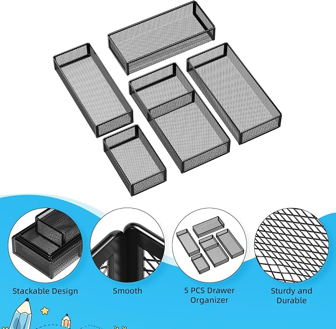 Marbrasse 5 Pack Desk Drawer Organizer Set, Mesh Drawer Storage Trays - Image 5