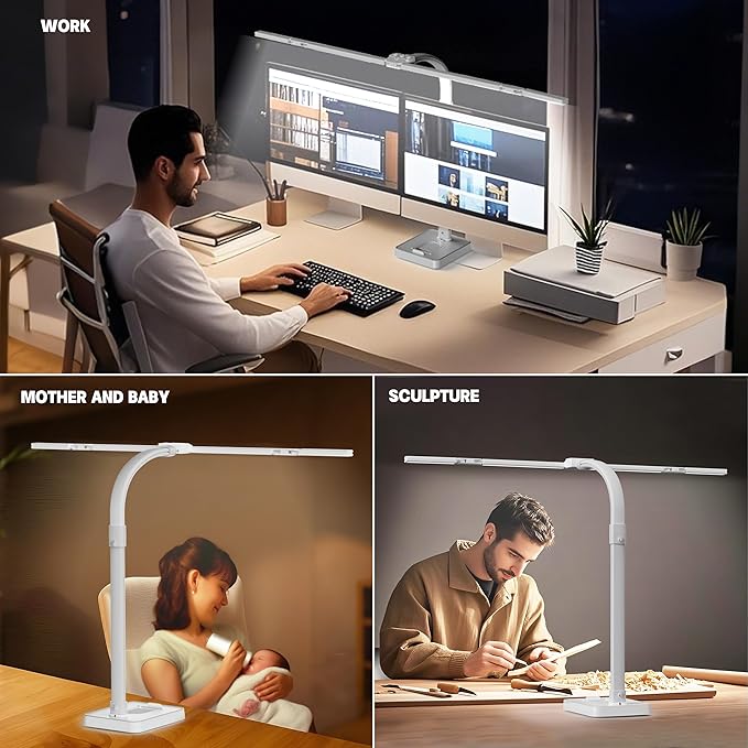 LED Desk Lamp for Home Office - 24W Bright Double Head Desk Light with Clamp Eye Caring Architect Task Light 25 Lighting Modes Adjustable Flexible Gooseneck Lamp (All White)-DeskLoop Office