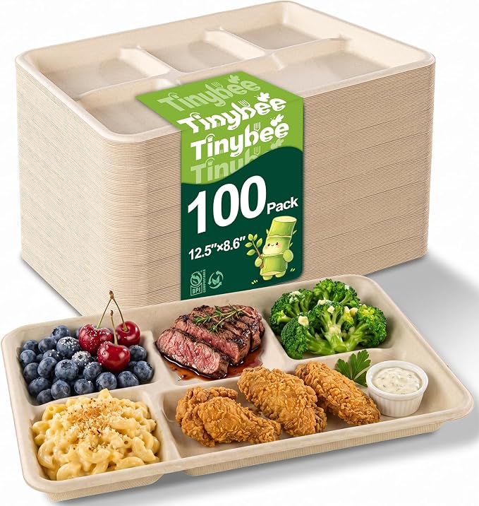 Tinybee 100% Compostable 5 Compartment Paper Plates 12.5 * 8.6 Inch Heavy Duty by Tinybee