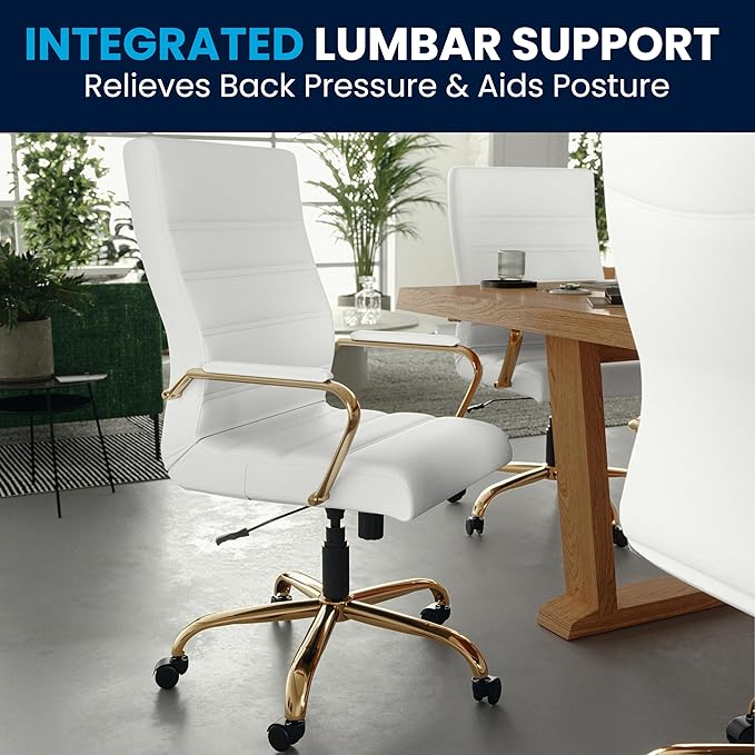 Flash Furniture Whitney Mid-Back Swivel LeatherSoft Desk Chair with Padded Seat and Armrests, Adjustable Height Padded Office Chair, 27"D x 26"W x 43"H, White/Gold-DeskLoop Office