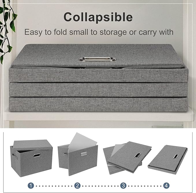 Large 17" 36 Quart Collapsible Stackable Storage Bins with Lids, 1 Pack Grey Foldable Fabric Closet Storage Boxes with Lids, 4 Handles Heavy-duty Linen Cube Baskets for Bedroom-DeskLoop Office