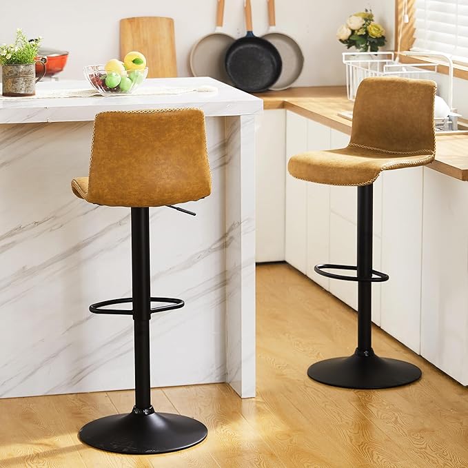 HeuGah Swivel Bar Stools Set of 2, Adjustable Counter Height Barstools with Back, Brown Faux Leather Bar Chairs for Kitchen Island (Whiskey Brown, Set of 2 (24'' to 32''))-DeskLoop Office