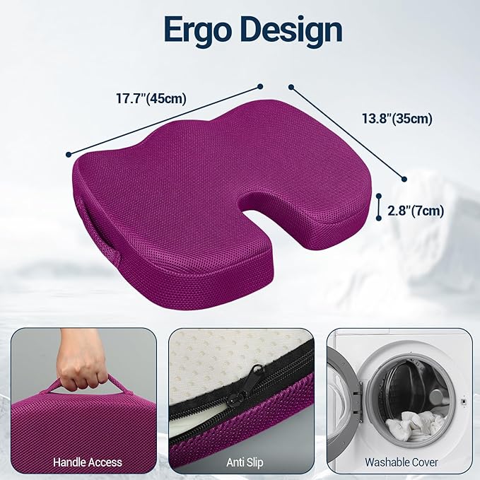 Gel Seat Cushion for Car Office - Memory Foam Pain Relief Chair Pillow Cushions - Tailbone Sciatica Coccyx Butt Lumbar Support Pad for Sitting Driving Traveling, Mesh, Purple-DeskLoop Office