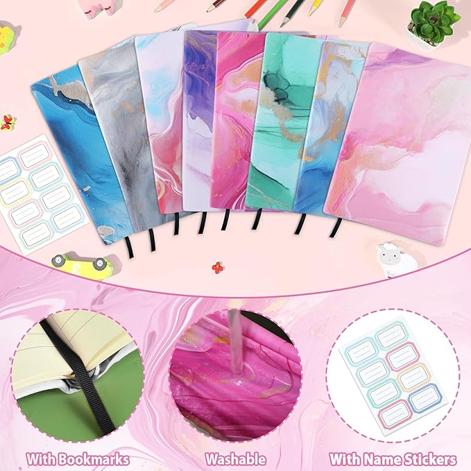 Jumbo Stretchable Book Covers 8PCS Reusable Fabric Book Cover with Label 9x11in Marble Print Protective Sleeve for Hardcover Books Textbook Cover for School Fits Most Book Sizes Up to 10x12.5in-DeskLoop Office