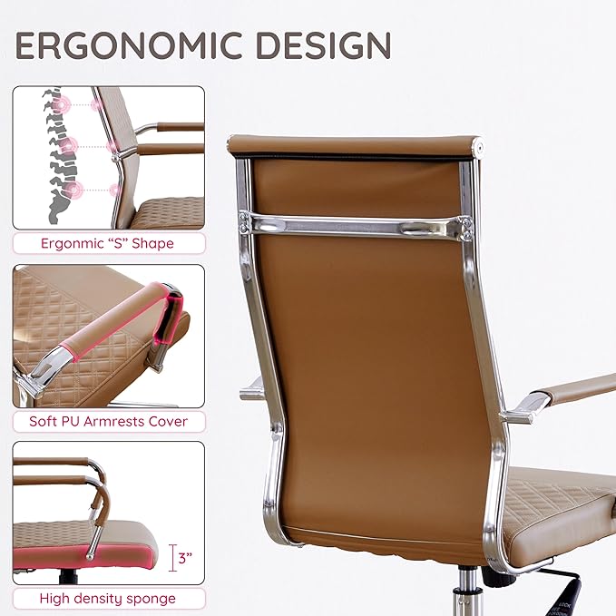 Livinia Modern Executive Office Chair with Patterned Back Design, Chrome & Leather Swivel Chair with High Back, Adjustable Height, Removable Armrests, and Wheels for Home Office (Brown(Chrome))-DeskLoop Office