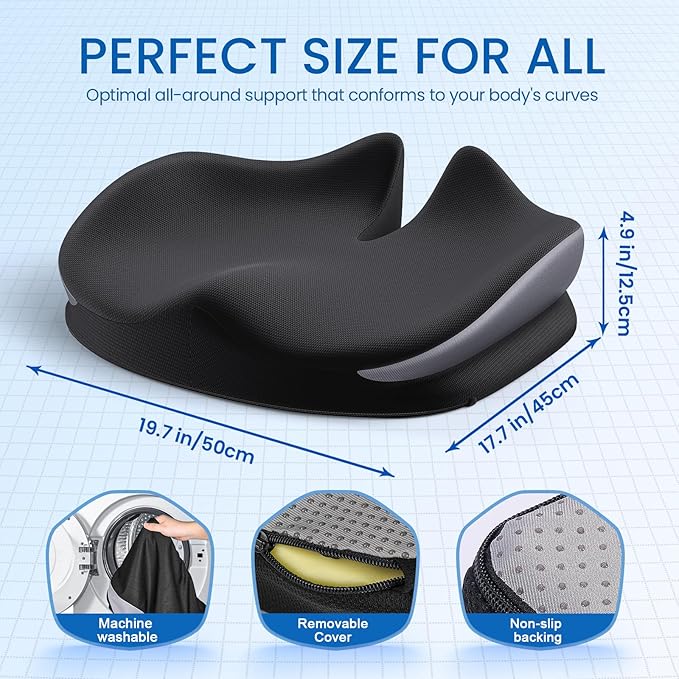 Benazcap Large Seat Cushion for Office Chair Memory Foam Coccyx Pain Relief Cushion Pillow for Back Support Non-Slip Seat Pad-DeskLoop Office