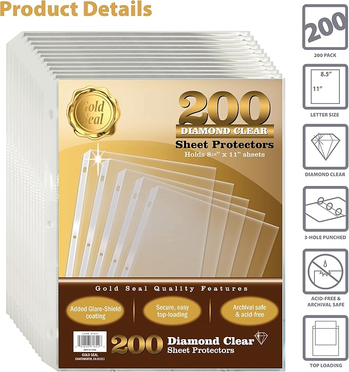 GOLD SEAL 200 Count Diamond Clear Sheet Protectors, Added Anti Glare Coating - Image 3