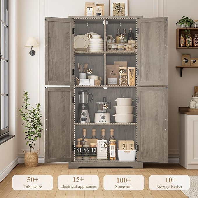 HOSTACK 64" Tall Pantry Cabinet, Modern Farmhouse Kitchen Pantry, Wood Bathroom Storage Cabinet, Large Bookcase, 4 Doors|Adjustable Shelves, for Dining Room, Living Room, Home Office, Ash Grey-DeskLoop Office