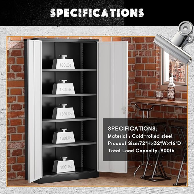 Greenvelly Metal Garage Storage Cabinet with Lock, 72”Metal Storage Cabinet with 2 Doors and 4 Adjustable Shelves, Steel Tool Cabinet for Garage,Home Office, School,Gym (Black Grey)-DeskLoop Office