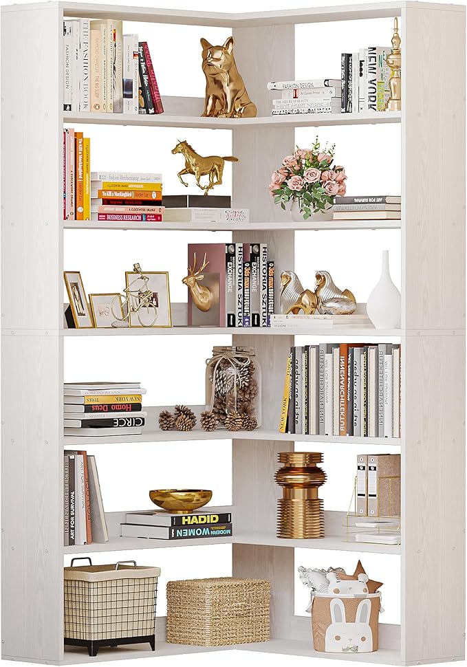 IRONCK Bookshelves 6 Tiers with Baffles Industrial Large Corner Etagere Bookcase Storage Display Rack for Living Room Home Office-DeskLoop Office