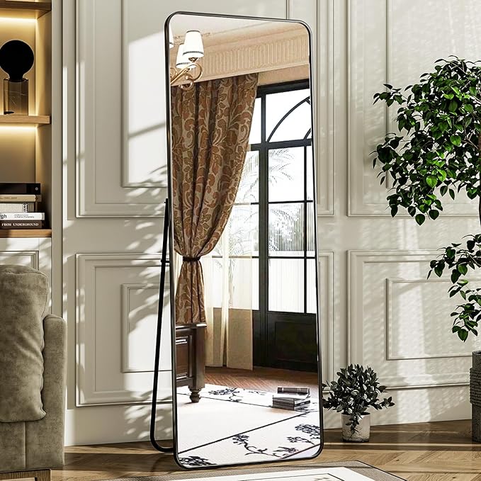 HARRITPURE 56" x 21" Rounded Full Length Mirror Aluminum Frame Black Mirror Full Length Floor Mirror with Stand for Living Room Bedroom Cloakroom-DeskLoop Office