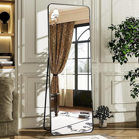 HARRITPURE 56" x 21" Rounded Full Length Mirror Aluminum Frame Black Mirror Full Length Floor Mirror with Stand for Living Room Bedroom Cloakroom-DeskLoop Office