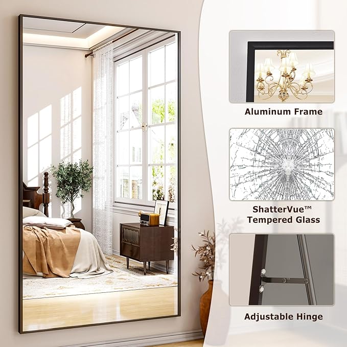 Full Length Mirror with Stand - 38"x77" Full Body Mirror for Floor, Wall Hanging or Leaning - Aluminum Alloy Frame for Living Room, Bedroom, Cloakroom - Black-DeskLoop Office