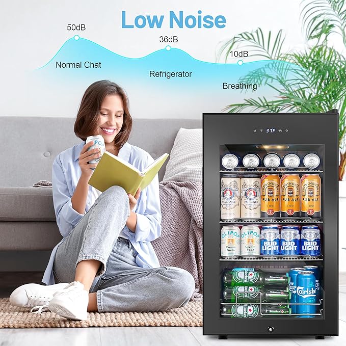 Beverage Refrigerator Cooler, 17 Inch 120 Cans Freestanding Mini Fridge with Glass Door, Adjustable Shelves and LED Light, Small Drink Fridge Counter-top Beer Fridge for Bedroom Office Bar-DeskLoop Office