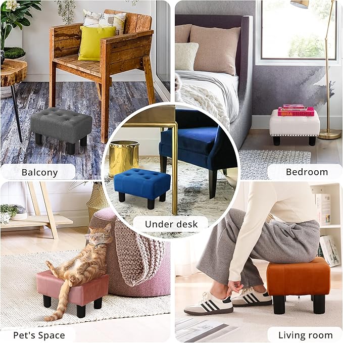 LUE BONA Small Foot Stool Ottoman, Velvet Tufted Footrest with Plastic Legs, 9''H, Rectangle Foot Stools for Adult with Non-Slip Pads, Footstool for Living Room,Couch, Pink-DeskLoop Office