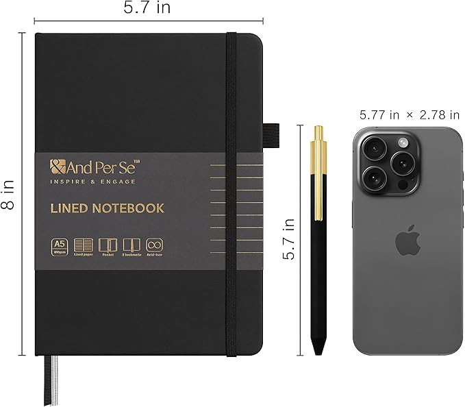 A5 Lined Leather Journal and Pen Set, Hardcover Notebook with Pen, 160 Pages 100gsm Thick Ruled Paper for Men Women, for Work, Business, School or Home Writing, 5.7'' x 8'' (Black-Set1)-DeskLoop Office