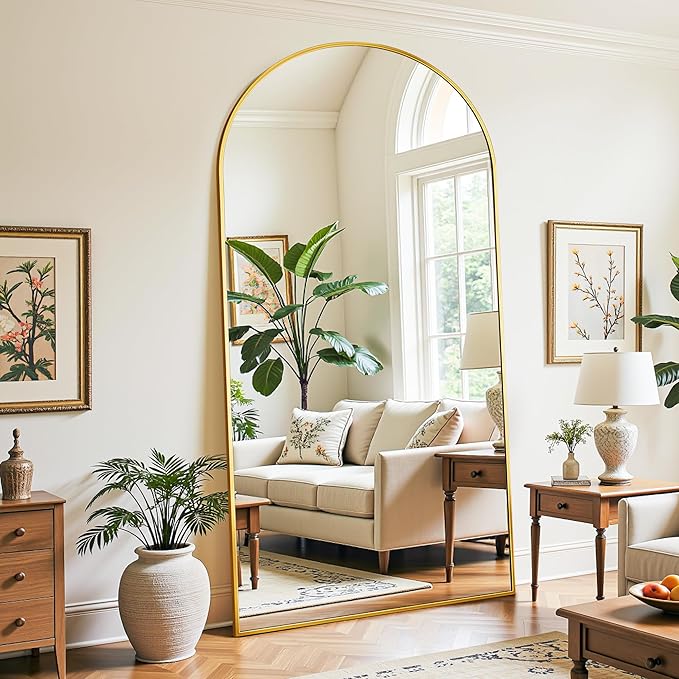 Full Length Mirror, 78"x38" Oversized Floor Mirror Freestanding, Full Body Mirror Floor Standing Mirrors with Stand, Hanging Mounted Mirrors for Bedroom Living Room, Gold, Arched Style-DeskLoop Office