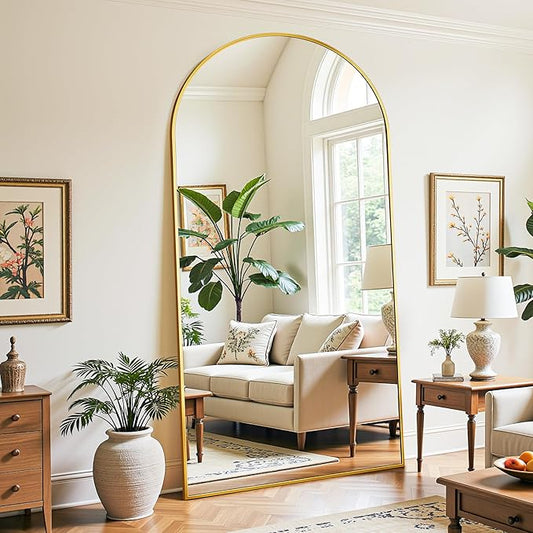 Full Length Mirror, 78"x38" Oversized Floor Mirror Freestanding, Full Body Mirror Floor Standing Mirrors with Stand, Hanging Mounted Mirrors for Bedroom Living Room, Gold, Arched Style-DeskLoop Office
