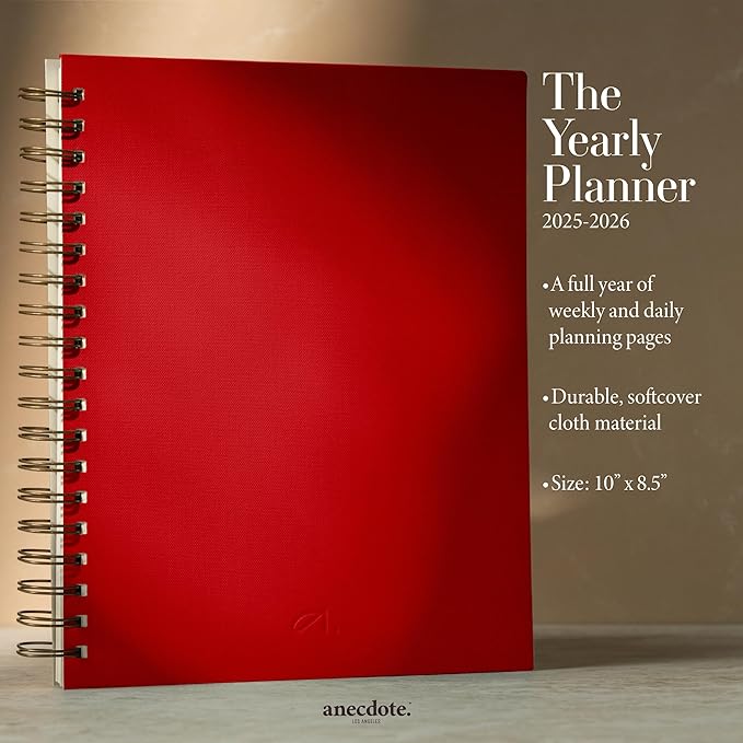 Anecdote 2025 Planner (8.5" x 10") Daily Planner Weekly Monthly Planner - 52 Weeks w/Library Buckram Cover, Brass Spiral - A4 Size Bleed-Resistant Paper – Red