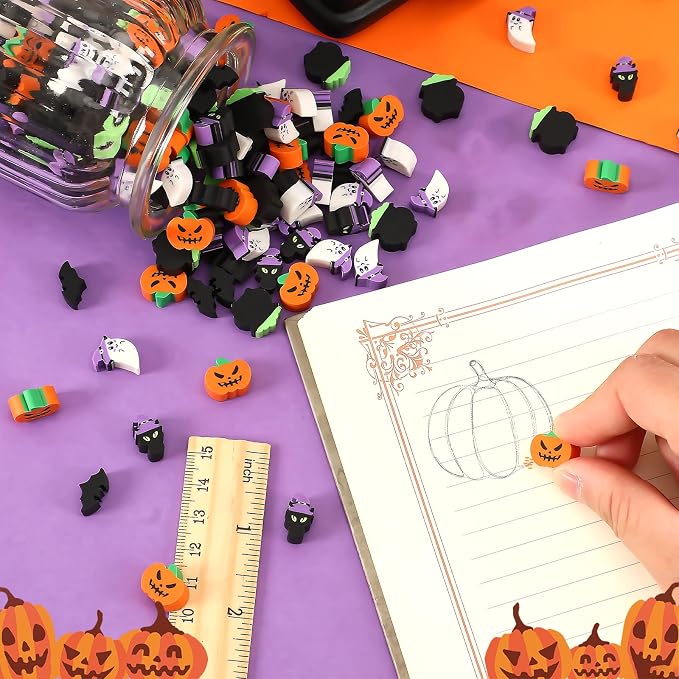JUNEBRUSHS 150 Pcs Halloween Mini Erasers, Cute Small Erasers Bulk | Halloween - Image 3