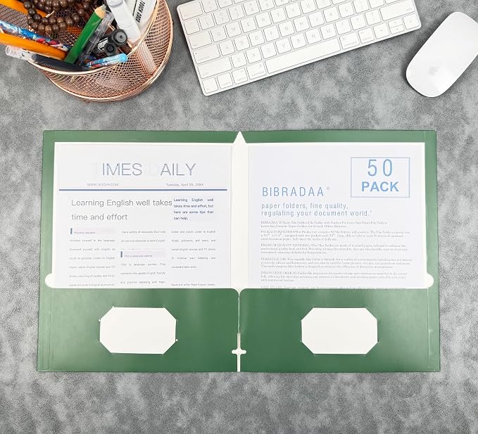 BIBRADAA® 50 Packs Dark Green Pocket Folders, Paper Folder Surface - Image 6