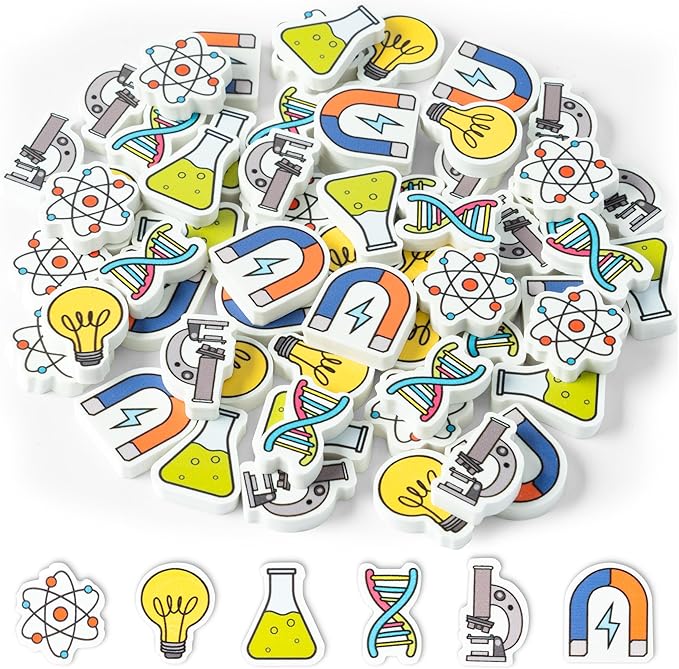 ANGOLIO Science Mini Eraser - 60P Summer Back to School for Kids Bulk Novelty Including microscopes U Shaped Magnets Lamp Bulb Pattern Pencil Eraser for Student Homework Summer Reward Classroom Prizes-DeskLoop Office