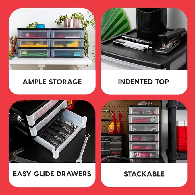 IRIS USA Plastic Stacking Desk Top 3-Drawer Storage Organizer, 1-Pack, for Makeup Vanity Nail Polish Bathroom Stationery Art Craft Supplies Kitchen Office Garage and Small Organization, Medium, Black-DeskLoop Office