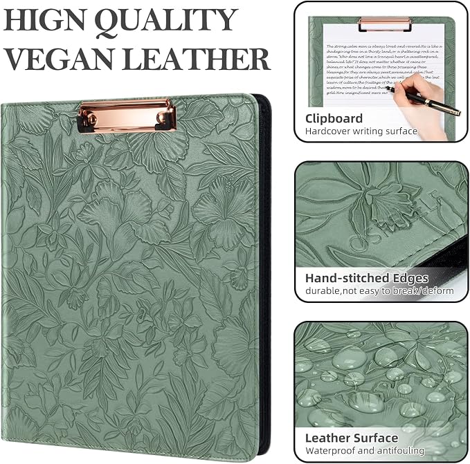 Ospelelf Green Leather Portfolio Binder 3 Ring, Zippered Clipboard Folder - Image 5