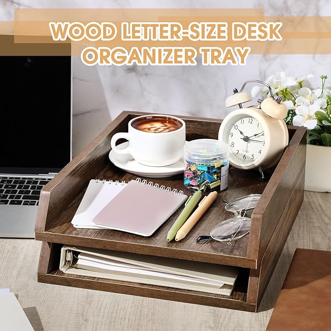 DoubleFill 4 Pcs Wooden Letter Trays 2 Tier Desktop Paper Organizer Wood - Image 3