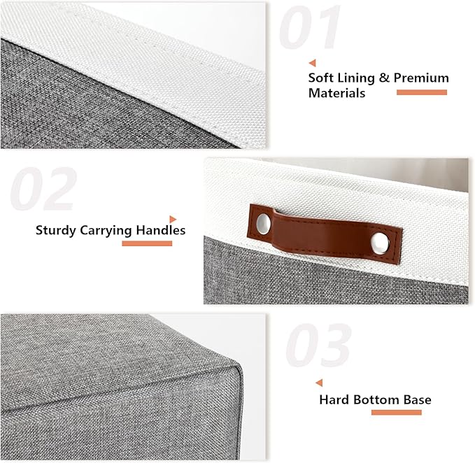 DULLEMELO Large Storage Baskets, Fabric Storage Basket with Leather Handles for Shelves Closet Nursery Toy Storage, Collapsible Fabric Baskets for Toy Book Magazine Towel Organizers(White&Gray)-DeskLoop Office