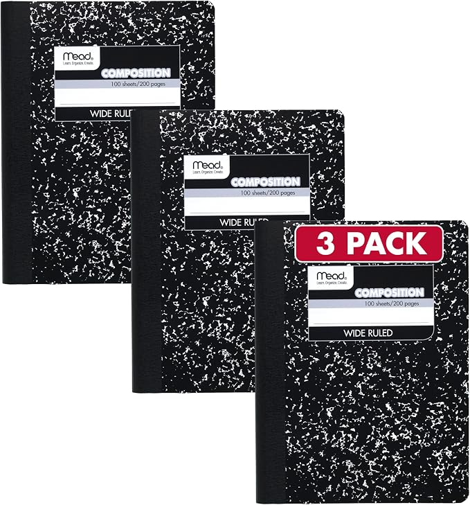 Mead Composition Notebook, Wide Ruled Paper, 7.5" x 9.75", 100 Sheets, 3 Pack by Mead