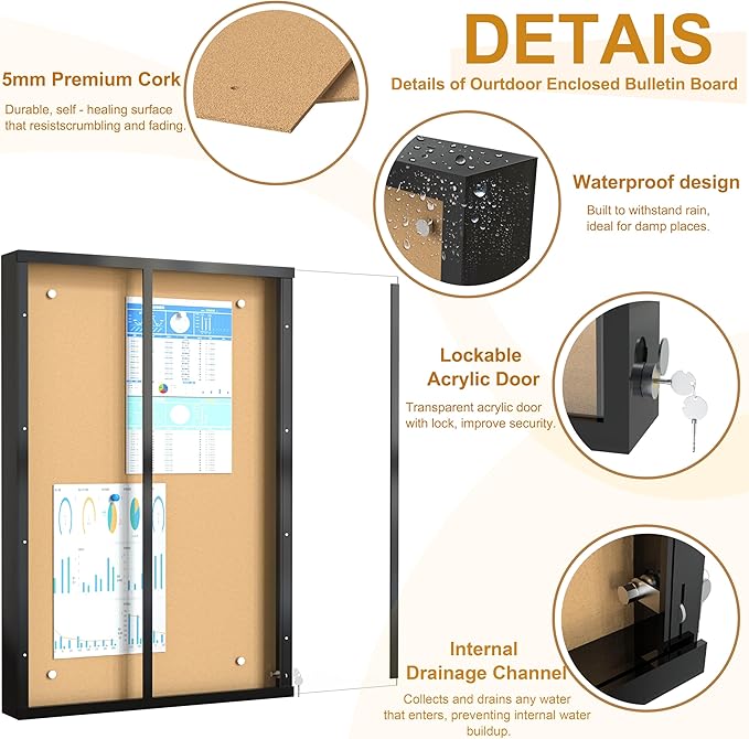36 x 24 in Waterproof Outdoor Bulletin Board Lockable Wall-Mounted with Cork Backing, Ideal for Schools, Offices, and Restaurants-DeskLoop Office