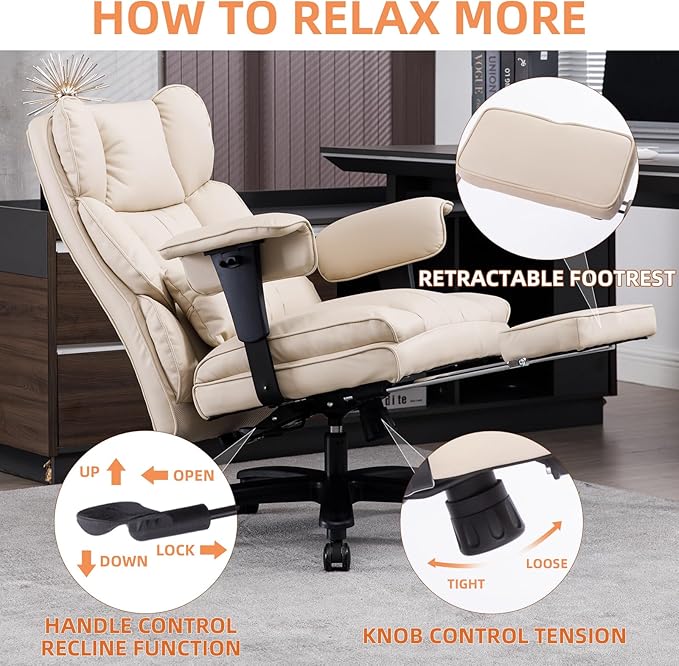 Big and Tall Office Chair 500lbs Wide Seat Executive Office Desk Chair High-Back Office Task Chair with Foot Rest, Ergonomic Lumbar Support Computer Office Chairs for Heavy People(Beige)-DeskLoop Office