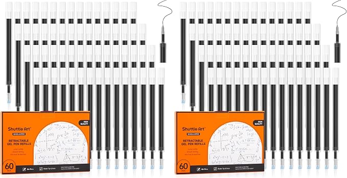 Retractable Gel Pen Refills, Shuttle Art 120 Pack Black Rollerball Gel Ink Pens by ShuttleArt
