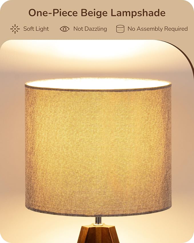EDISHINE Boho Small Table Lamp, Walnut Color Wooden Tripod Bedside Lamp - Image 3