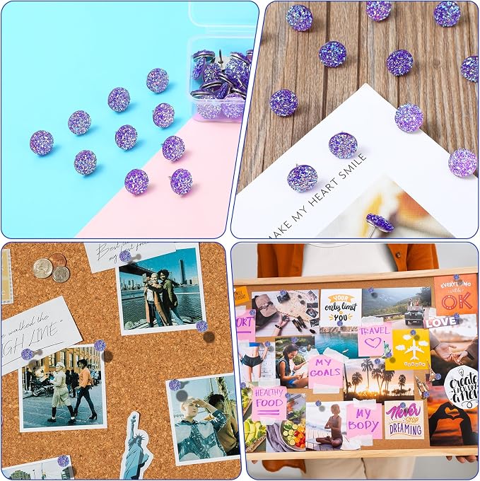 Mabor 30Pcs Decorative Thumb Tacks Purple Push Pins Glitter Rhinestone Cute - Image 4