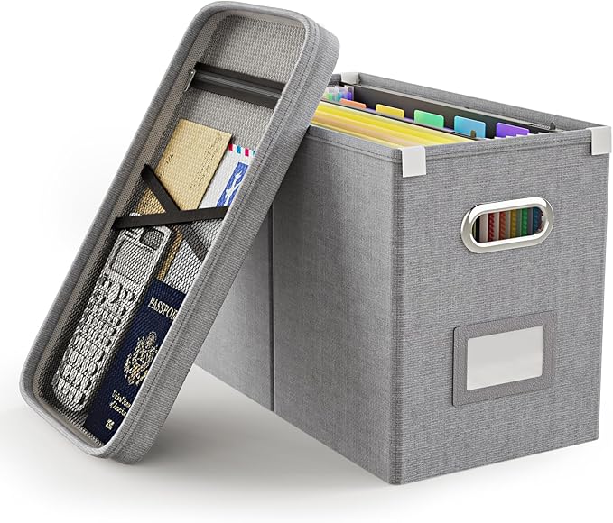 Oterri File Organizer Box with Lid, Hanging Filing File Box with Mesh Pocket, Document Organizer Box for Letter Files, Portable Storage Box with Smooth Sliding Rail for Office&Home(1 PCS, Grey)-DeskLoop Office