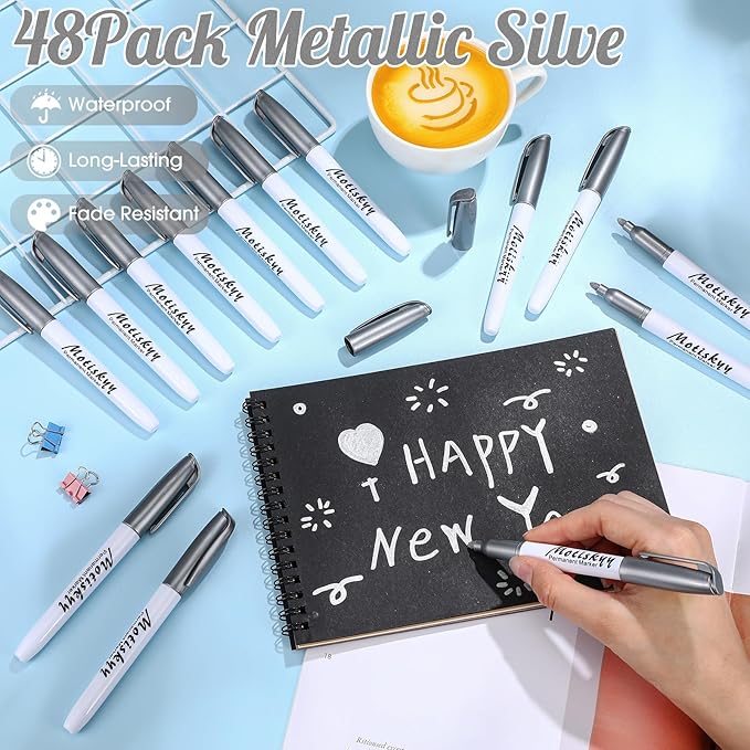 180 Pcs Metallic Permanent Markers Bulk Fine Point Metallic Markers Pens for Fabric, Black Paper, Cards, Scrapbook, Wood, Plastic, Canvas, Mugs, DIY Art Crafts, Etc (Silver)-DeskLoop Office
