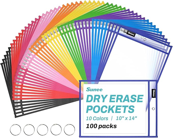 SUNEE 100 Packs Oversized Reusable Dry Erase Pocket Sleeves by SUNEE