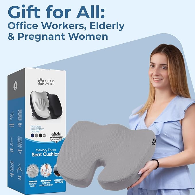 5 STARS UNITED Seat Cushion for Tailbone Pain Relief – Memory Foam Lifting Pillow for Coccyx, Hip, Hemorrhoid, Sciatica & Post-Surgery Recovery – Wheelchair, Car, Desk, Gaming & Office Chairs, L Gray-DeskLoop Office