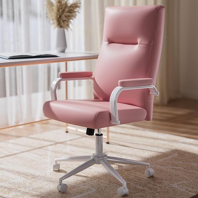 Pink Desk Chair, High Back Leather Executive Office Chair for Girl and Women, Adjustable Height Computer Desk Chairs with Wheels and Arms-DeskLoop Office