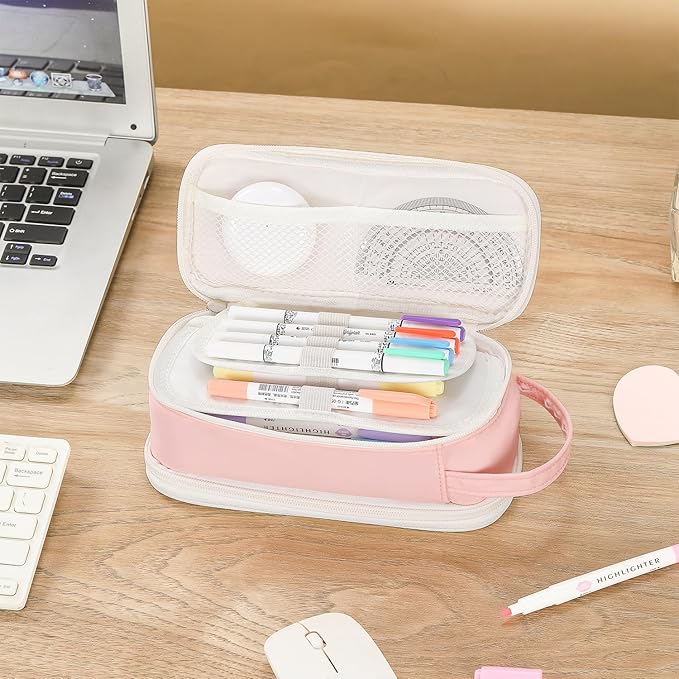 Pencil Case Large Zipper Pencil Pouch for Girls Kids Teens Adults Aesthetic Pencil Bag Stationery Organizer Pencil Case with Handle for School Pink-DeskLoop Office