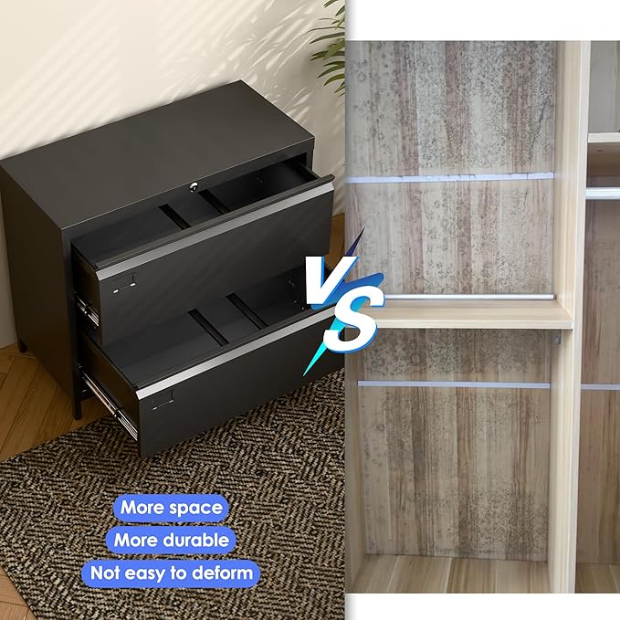 Metal 2 Drawer Lateral File Cabinet with Lock & Adjustable Feet - Wide Filing Cabinet for Letter/Legal/F4/A4 Hanging Files - Includes Business Card Holder,Home Office School Storage,Black-DeskLoop Office