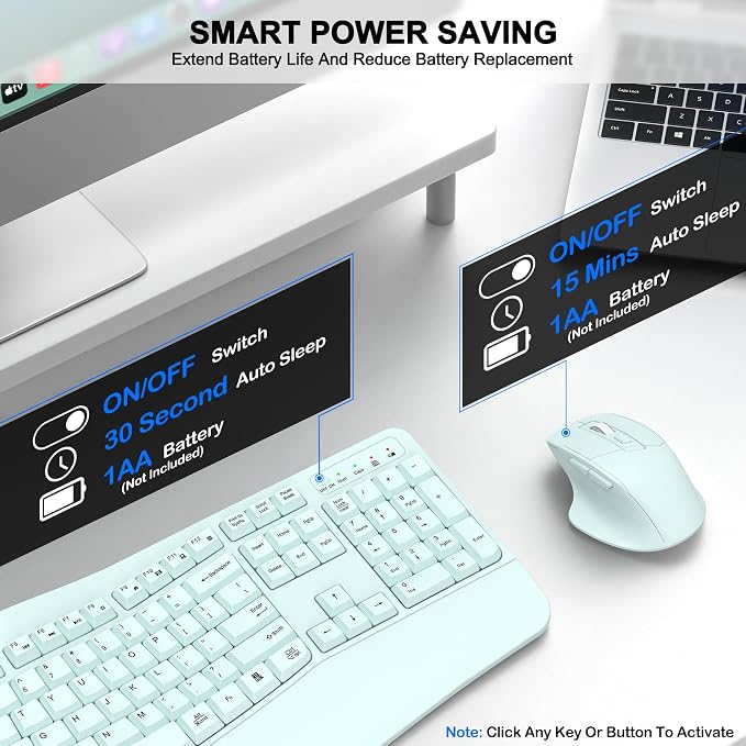 Wireless Keyboard and Mouse Combo, 2.4G Full Size Wave Keys Ergonomic Keyboard - Image 6