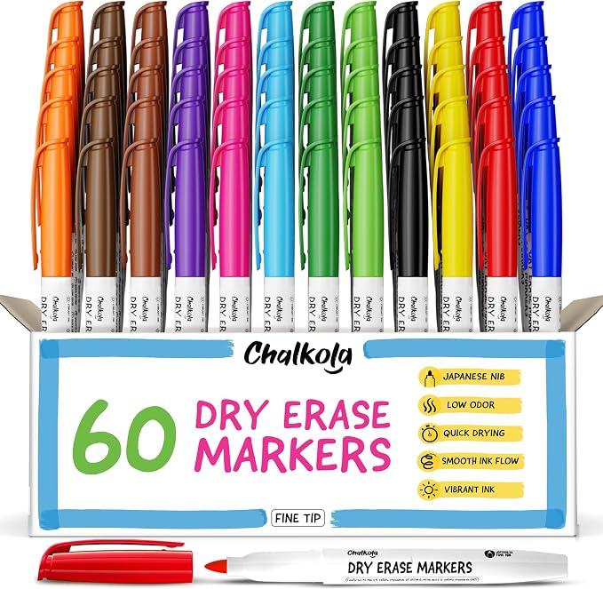 Chalkola 60 Fine Tip Dry Erase Markers Bulk | Non toxic, Low Odor Whiteboard by Chalkola