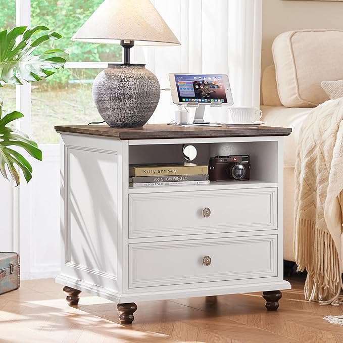 24" Wide Farmhouse Nightstand Set of 2 with Charging Station,End Table with 2 Drawers,White Wood Dresser for Bedroom Cabinet, Bed Side Table Chest of Drawers, Night Stand for Living Room, Closet-DeskLoop Office